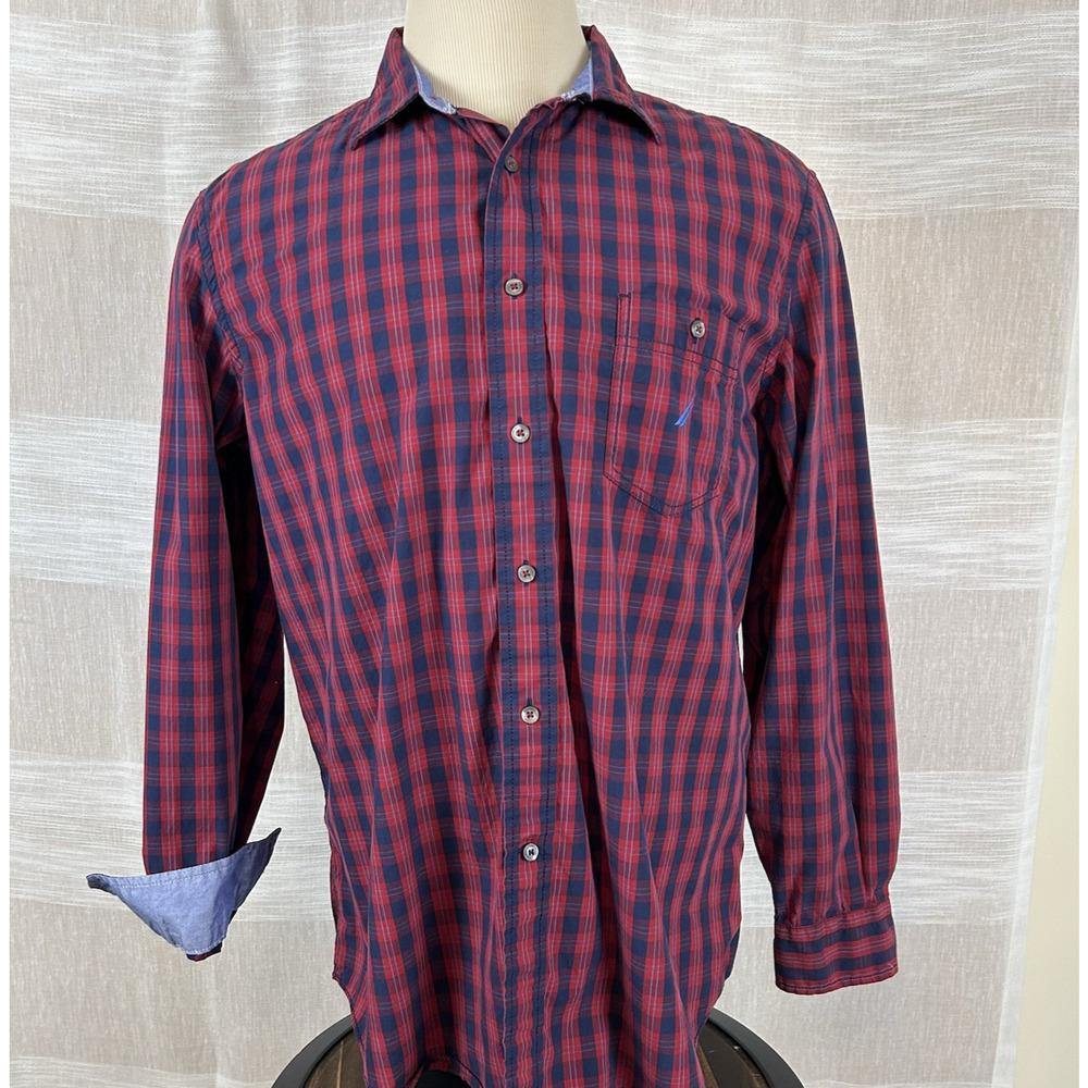 Nautica Red Navy‎ Plaid Men's Size Large Long Sleeve Shirt L Flip Cuff